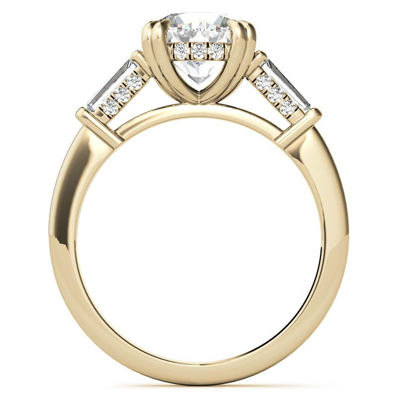 Round and Baguette Cathedral Moissanite Engagement Ring with Hidden Halo