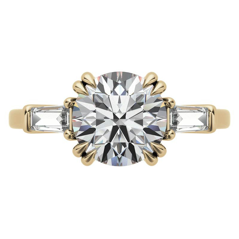 Round and Baguette Cathedral Moissanite Engagement Ring with Hidden Halo