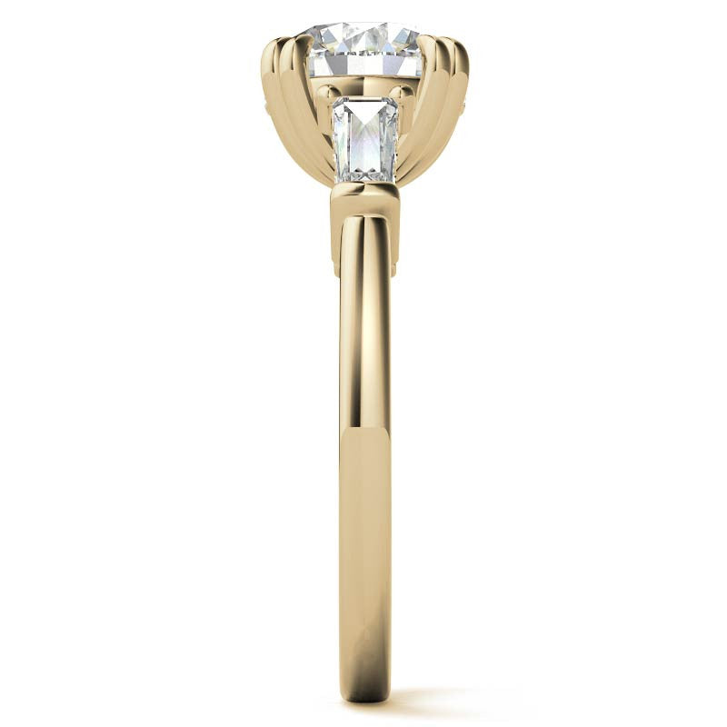 Round and Baguette Cathedral Moissanite Engagement Ring with Hidden Halo