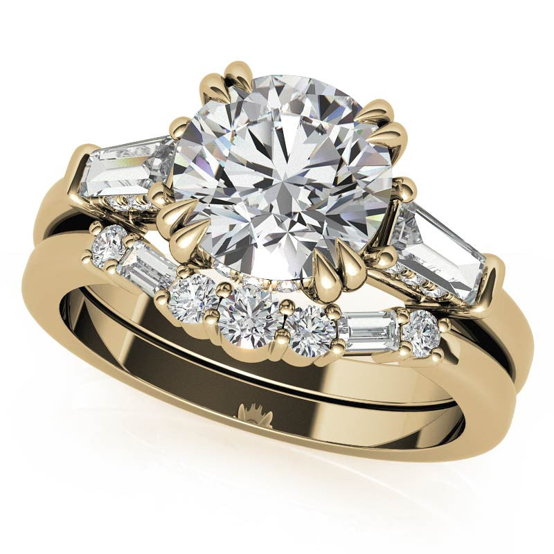 Round and Baguette Cathedral Moissanite Engagement Ring with Hidden Halo