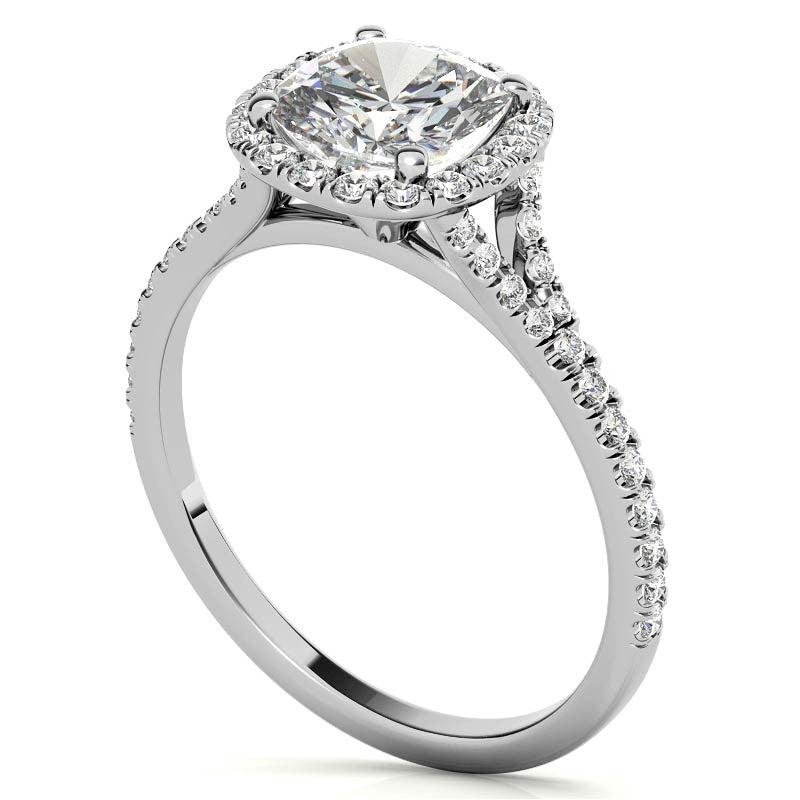 Petite Cushion Split Shank Moissanite Halo Engagement Ring