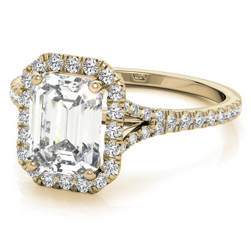 Petite Emerald / Radiant Split Shank Moissanite Halo Engagement Ring