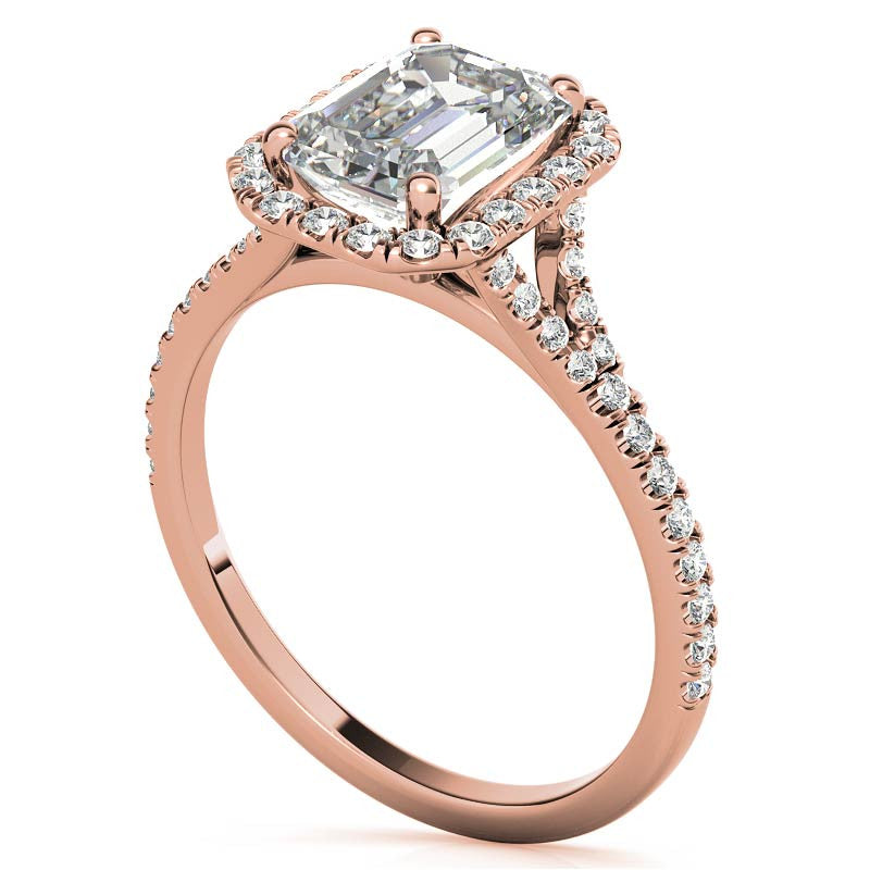 Petite Emerald / Radiant Split Shank Moissanite Halo Engagement Ring