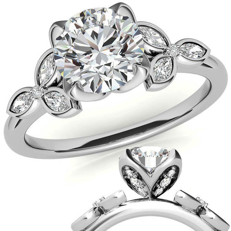 Round and Marquise Petal Moissanite Engagement Ring with Tulip Prongs