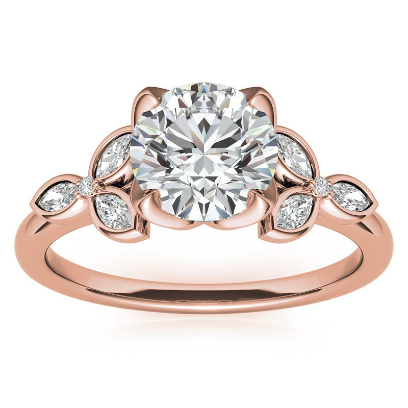 Round and Marquise Petal Moissanite Engagement Ring with Tulip Prongs
