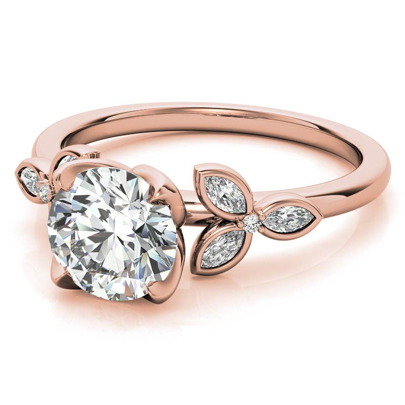 Round and Marquise Petal Moissanite Engagement Ring with Tulip Prongs
