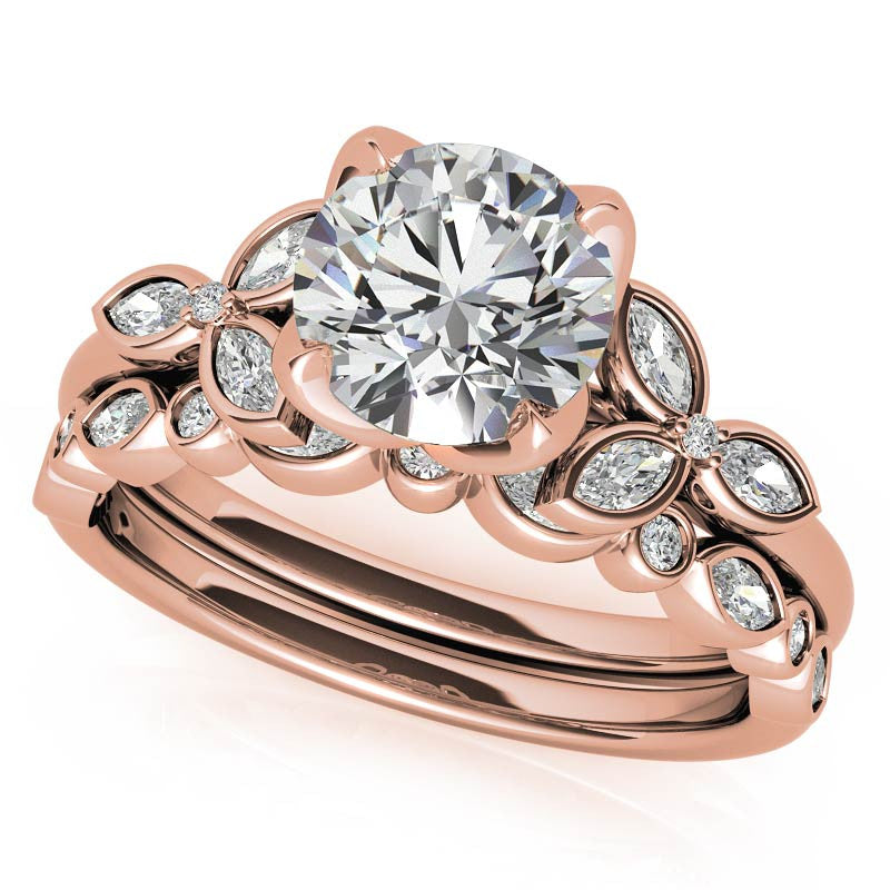 Round and Marquise Petal Moissanite Engagement Ring with Tulip Prongs