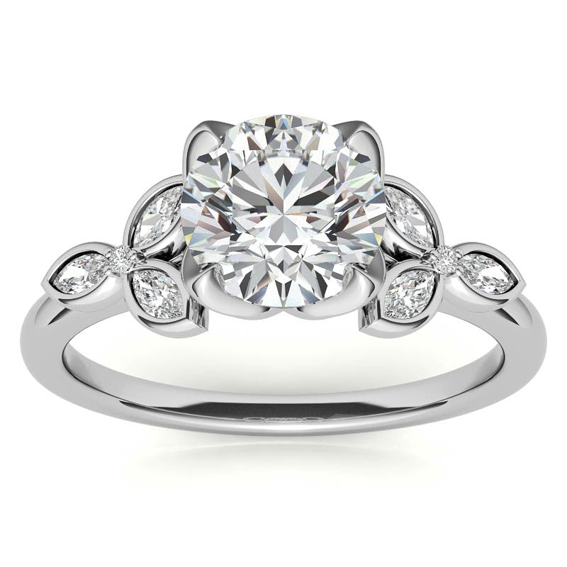 Round and Marquise Petal Moissanite Engagement Ring with Tulip Prongs