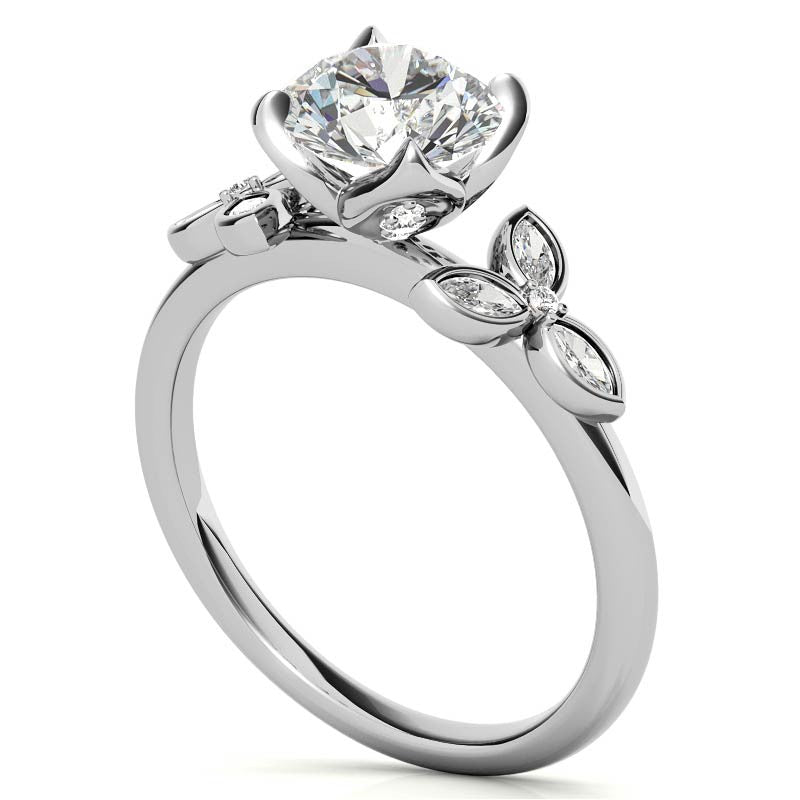 Round and Marquise Petal Moissanite Engagement Ring with Tulip Prongs