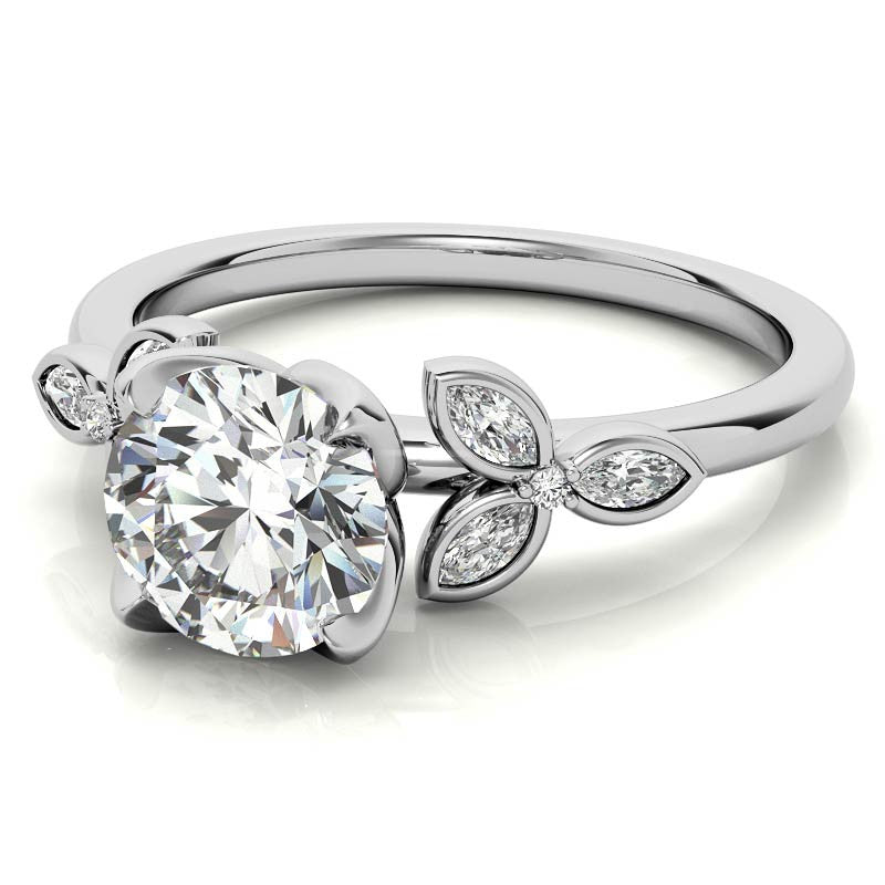 Round and Marquise Petal Moissanite Engagement Ring with Tulip Prongs