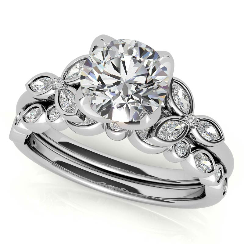 Round and Marquise Petal Moissanite Engagement Ring with Tulip Prongs