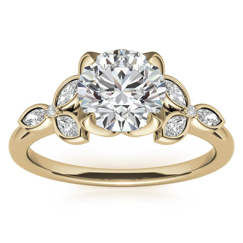 Round and Marquise Petal Moissanite Engagement Ring with Tulip Prongs