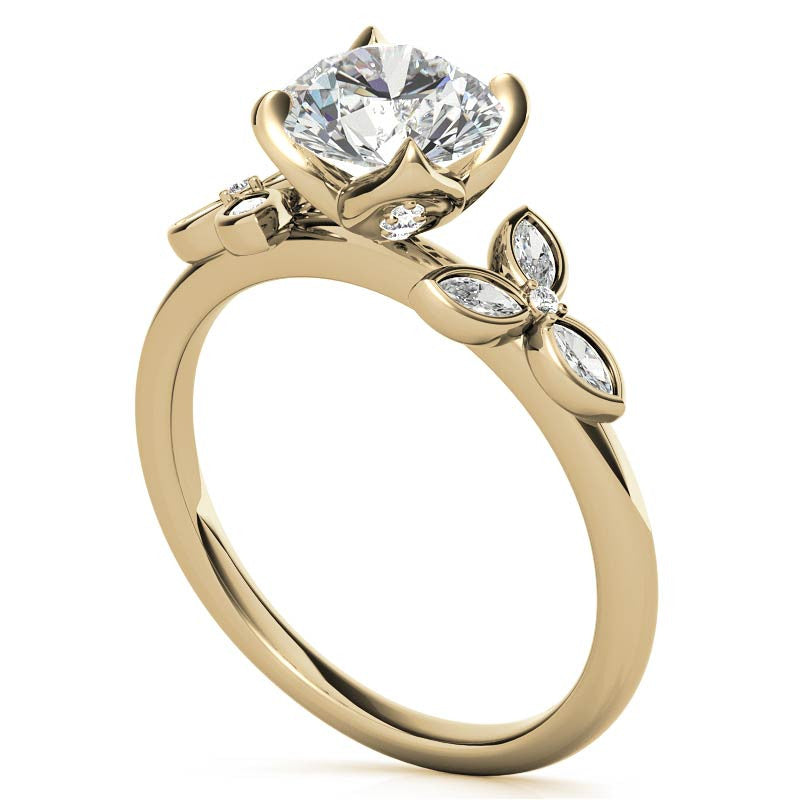 Round and Marquise Petal Moissanite Engagement Ring with Tulip Prongs