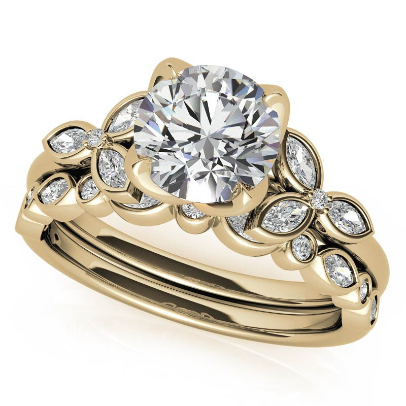 Round and Marquise Petal Moissanite Engagement Ring with Tulip Prongs