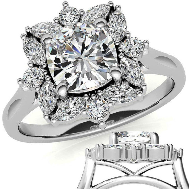 Cushion and Marquise Halo Moissanite Engagement Ring