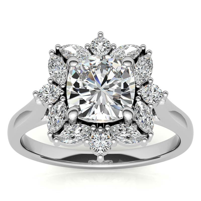 Cushion and Marquise Halo Moissanite Engagement Ring