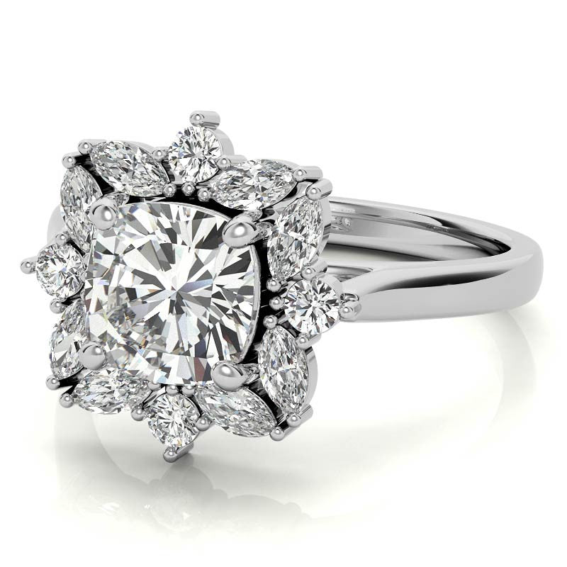 Cushion and Marquise Halo Moissanite Engagement Ring