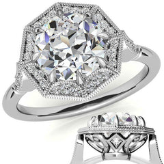 Antique Style Octagon Halo Round Brilliant Moissanite Cathedral Engagement Ring
