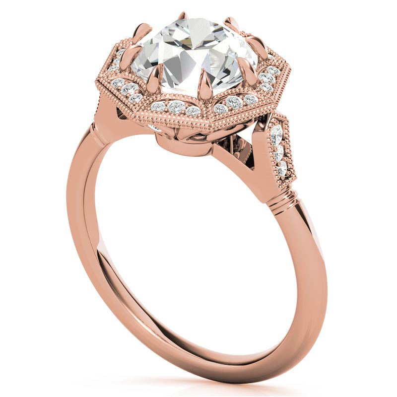 Antique Style Octagon Halo Round Brilliant Moissanite Cathedral Engagement Ring