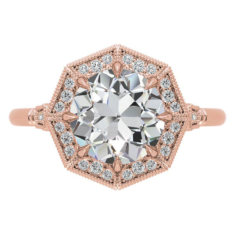 Antique Style Octagon Halo Round Brilliant Moissanite Cathedral Engagement Ring