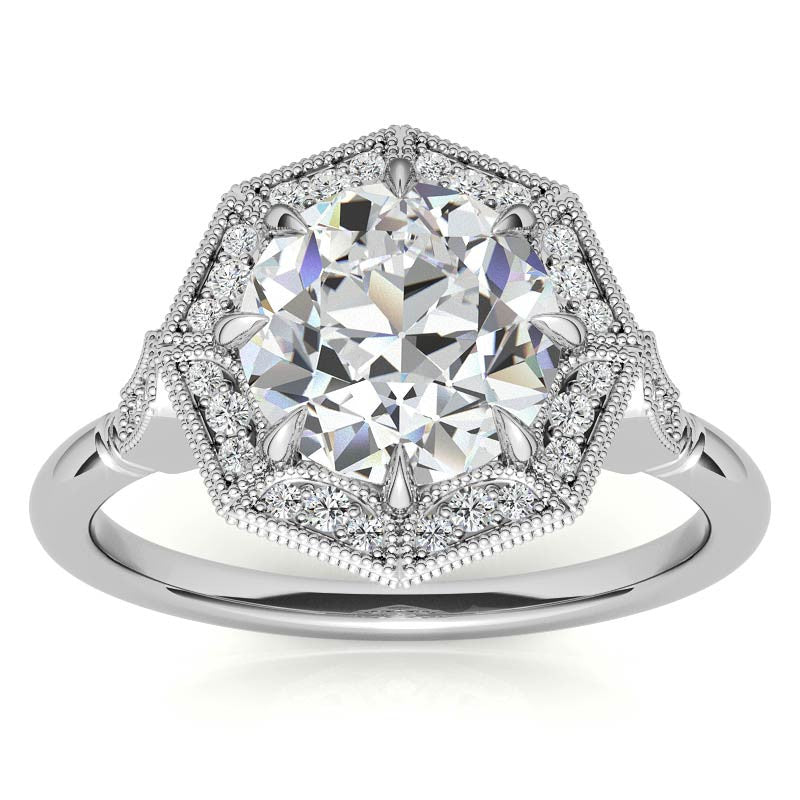 Antique Style Octagon Halo Round Brilliant Moissanite Cathedral Engagement Ring
