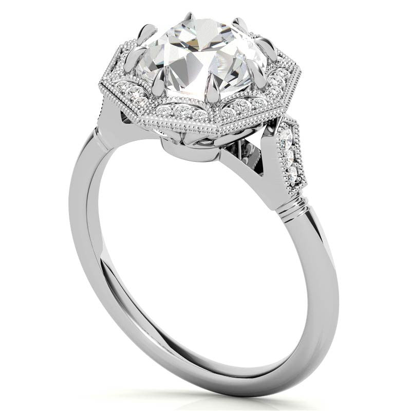 Antique Style Octagon Halo Round Brilliant Moissanite Cathedral Engagement Ring