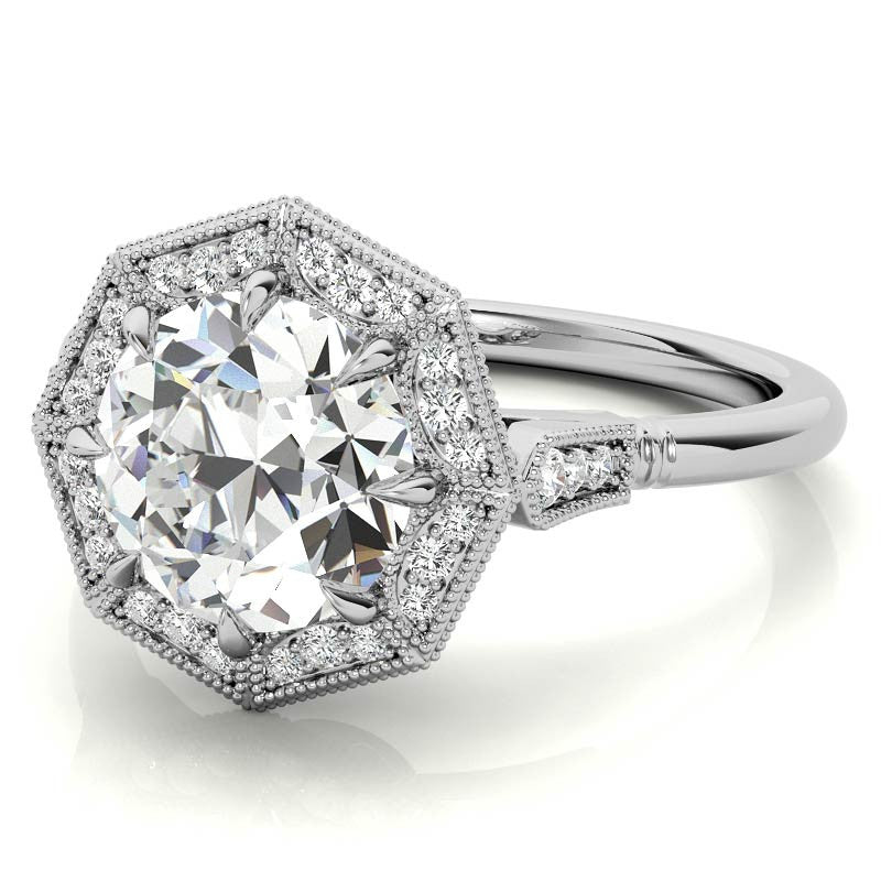 Antique Style Octagon Halo Round Brilliant Moissanite Cathedral Engagement Ring
