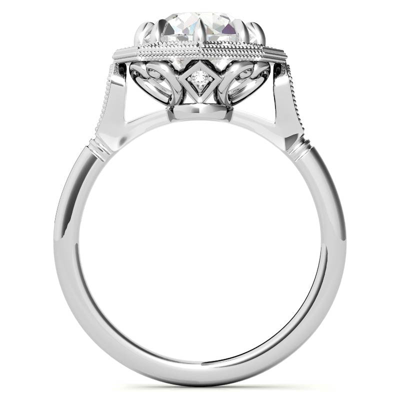 Antique Style Octagon Halo Round Brilliant Moissanite Cathedral Engagement Ring