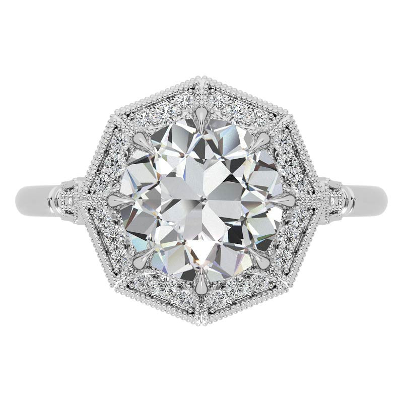 Antique Style Octagon Halo Round Brilliant Moissanite Cathedral Engagement Ring