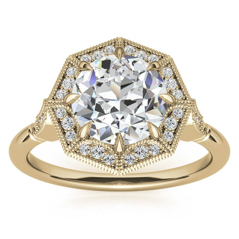 Antique Style Octagon Halo Round Brilliant Moissanite Cathedral Engagement Ring