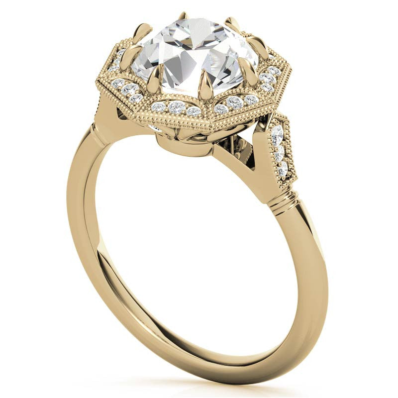 Antique Style Octagon Halo Round Brilliant Moissanite Cathedral Engagement Ring