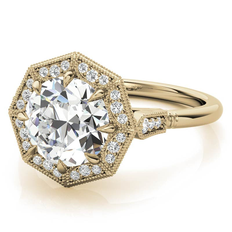 Antique Style Octagon Halo Round Brilliant Moissanite Cathedral Engagement Ring