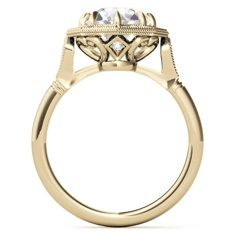 Antique Style Octagon Halo Round Brilliant Moissanite Cathedral Engagement Ring