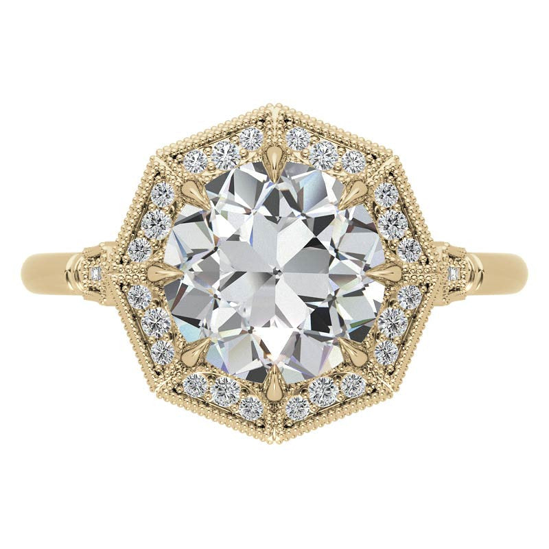 Antique Style Octagon Halo Round Brilliant Moissanite Cathedral Engagement Ring