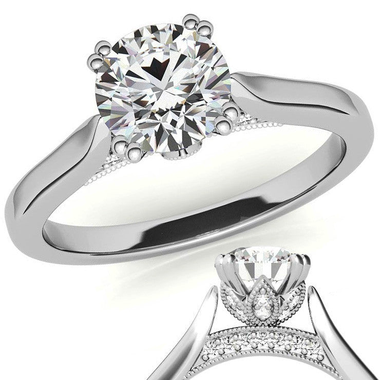 Milgrain Accented Double Prong Round Brilliant Moissanite Engagement Ring