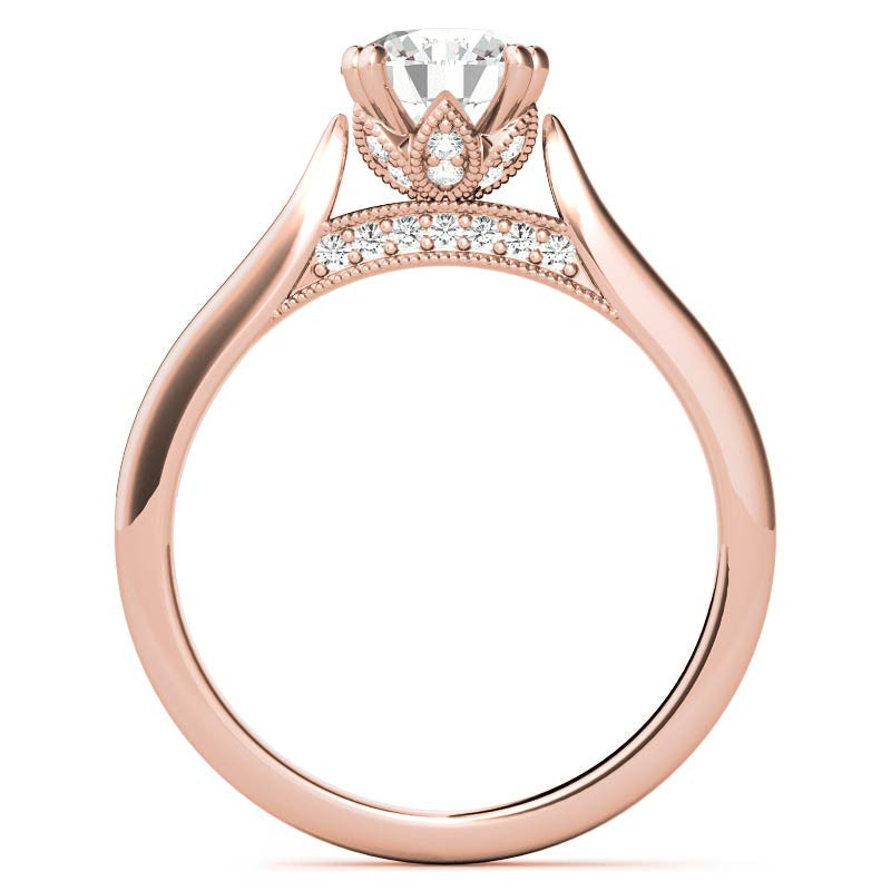 Milgrain Accented Double Prong Round Brilliant Moissanite Engagement Ring