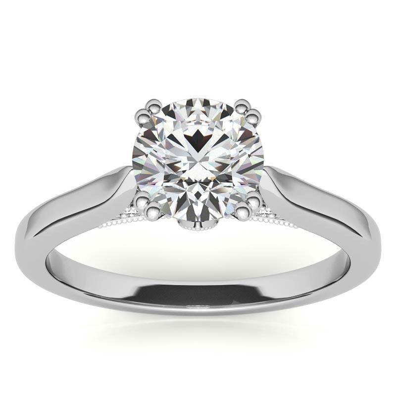 Milgrain Accented Double Prong Round Brilliant Moissanite Engagement Ring