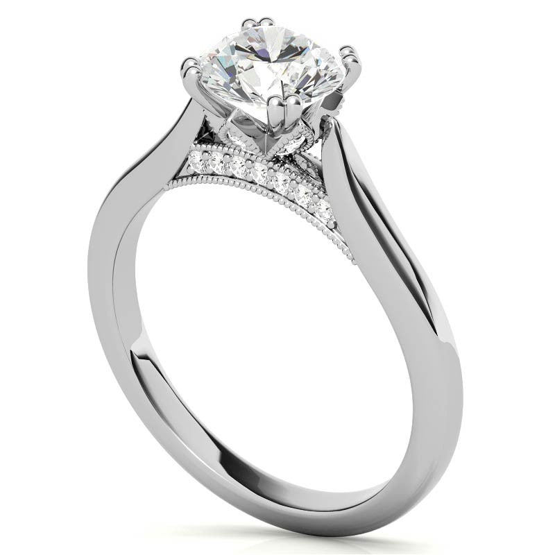 Milgrain Accented Double Prong Round Brilliant Moissanite Engagement Ring