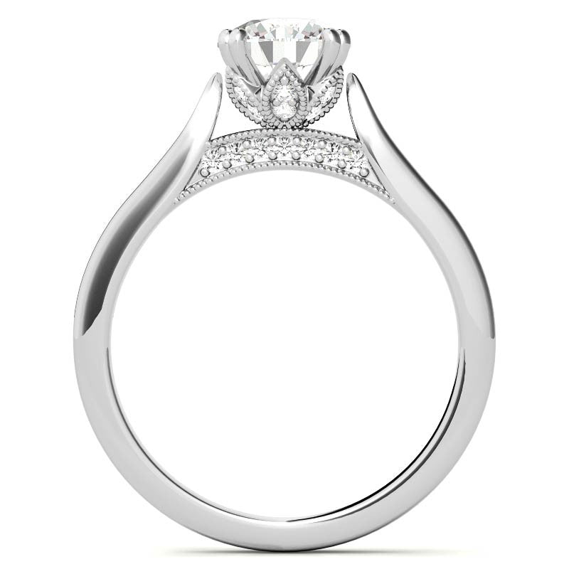 Milgrain Accented Double Prong Round Brilliant Moissanite Engagement Ring