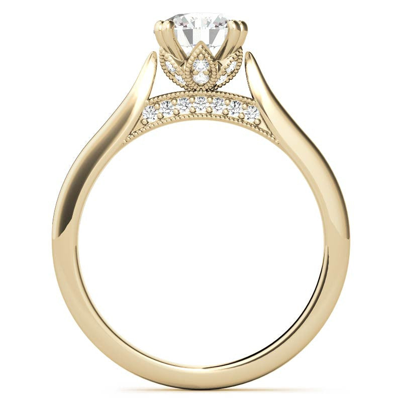 Milgrain Accented Double Prong Round Brilliant Moissanite Engagement Ring
