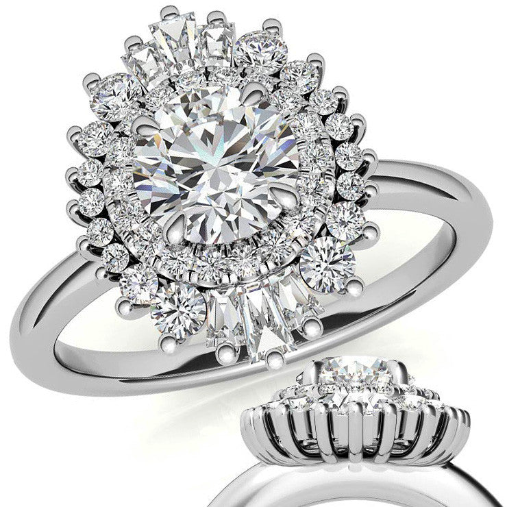 Round Brilliant Moissanite and Diamond Art Deco Style Halo Engagement Ring