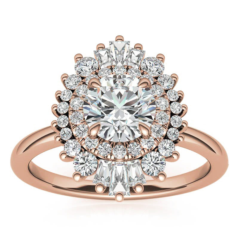 Round Brilliant Moissanite and Diamond Art Deco Style Halo Engagement Ring