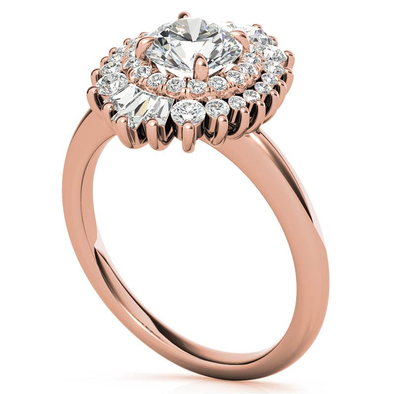 Round Brilliant Moissanite and Diamond Art Deco Style Halo Engagement Ring