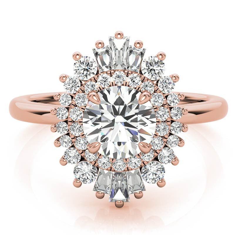 Round Brilliant Moissanite and Diamond Art Deco Style Halo Engagement Ring