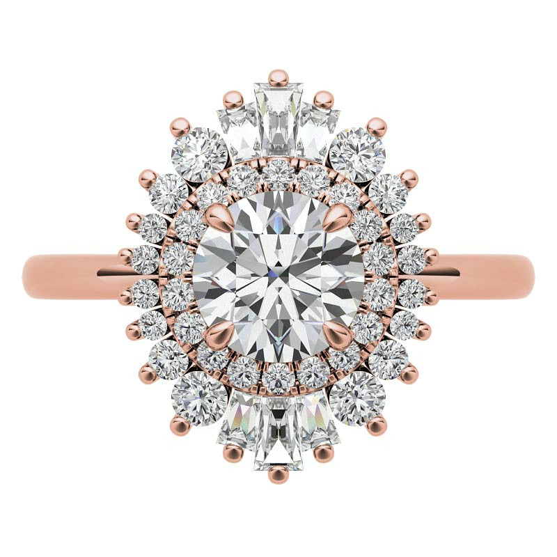 Round Brilliant Moissanite and Diamond Art Deco Style Halo Engagement Ring