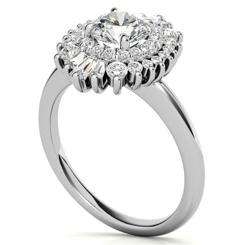 Round Brilliant Moissanite and Diamond Art Deco Style Halo Engagement Ring
