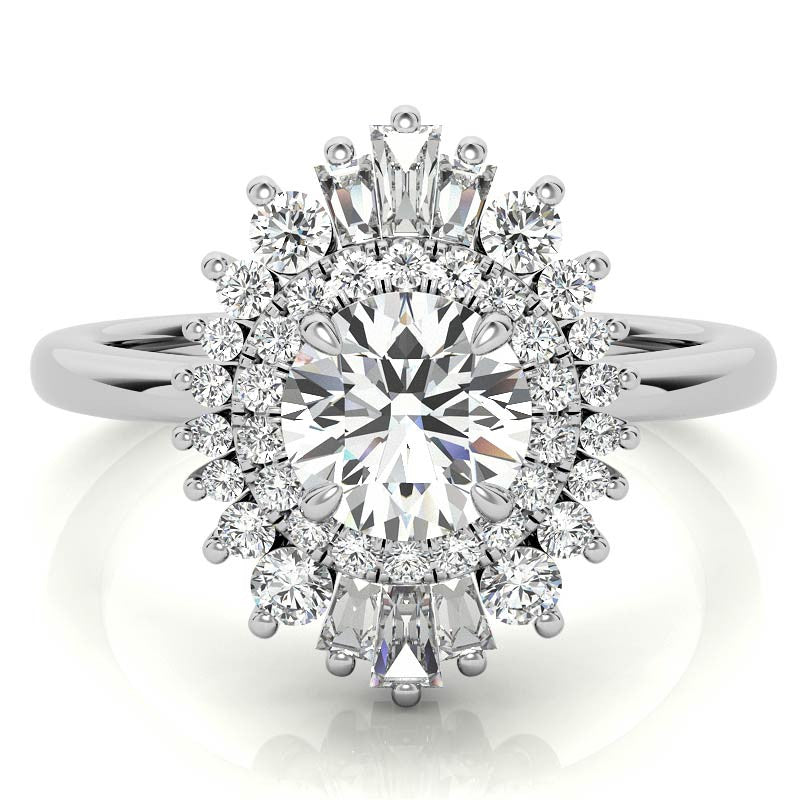 Round Brilliant Moissanite and Diamond Art Deco Style Halo Engagement Ring