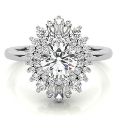 Round Brilliant Moissanite and Diamond Art Deco Style Halo Engagement Ring