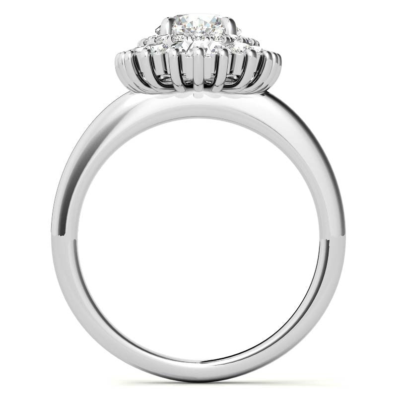 Round Brilliant Moissanite and Diamond Art Deco Style Halo Engagement Ring
