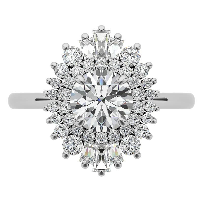 Round Brilliant Moissanite and Diamond Art Deco Style Halo Engagement Ring